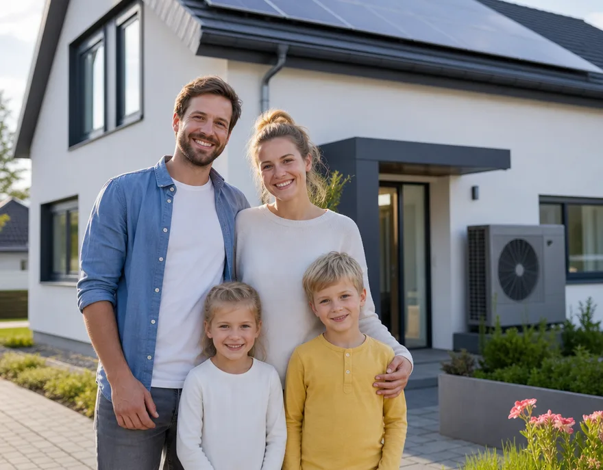 Junge Familie vor ihrem neuen Massivhaus mit verputzter Fassade – Stein auf Stein gebaut