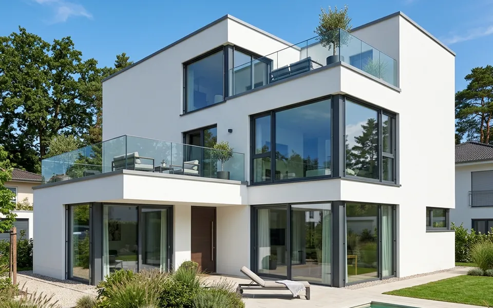 Weißes kubisches Flachdachhaus im Bauhausstil mit Dachterrasse und raumhohen Fenstern – modern bauen 2026 Weißes kubisches Flachdachhaus im Bauhausstil mit Dachterrasse und raumhohen Fenstern – modern bauen 2026