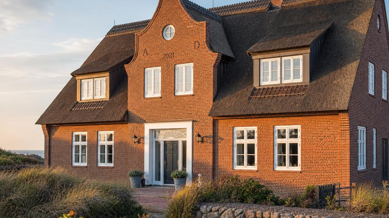 Wohnhaus mit klassischer roter Klinkerfassade und weißen Sprossenfenstern im norddeutschen Baustil