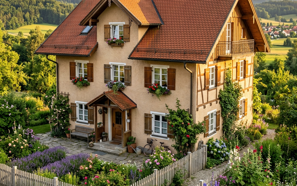 Zweigeschossiges Wohnhaus im Landhausstil mit geneigtem Dach, Sprossenfenstern und gegliederter Fassade
