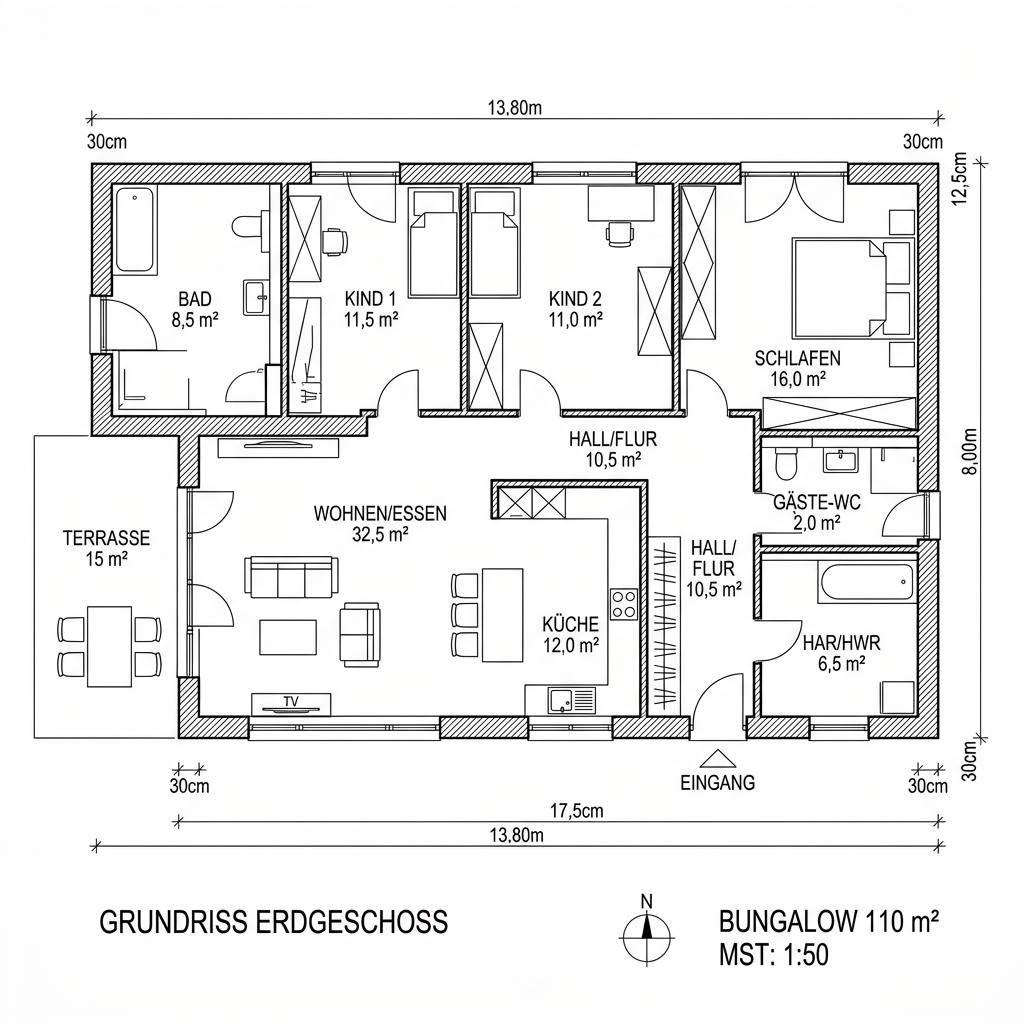 Grundriss Bungalow BL 110 Variante K – 110 m² Bungalow mit 4 Zimmern