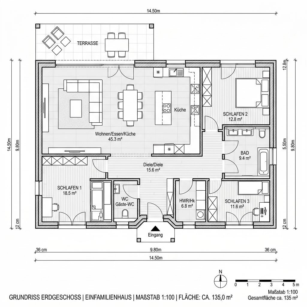 Grundriss Bungalow BL 135 Variante S von Baudirekt Architektenhäuser — 135 m², 4 Zimmer