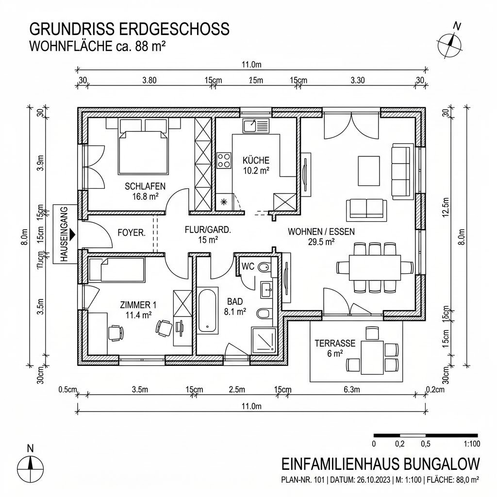 Grundriss Bungalow BL 88 Variante P – 88 m² Bungalow mit 3 Zimmern