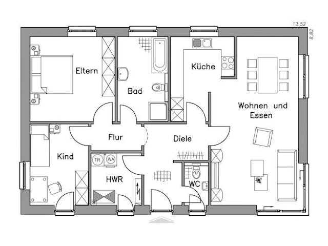Grundriss Bungalow BL 95 Variante M von Baudirekt Architektenhäuser — 94 m², 3 Zimmer