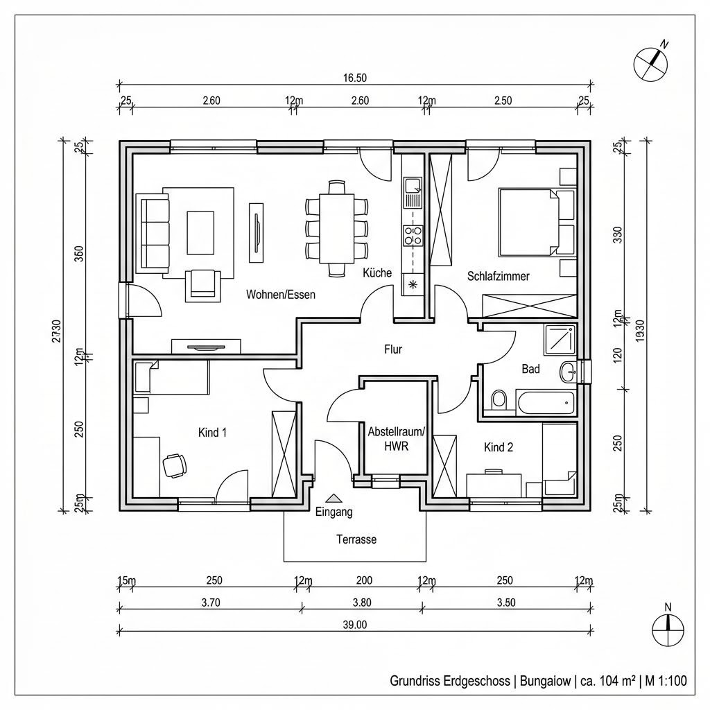 Grundriss Bungalow Flach 104 – 104 m² Bungalow mit 3 Zimmern
