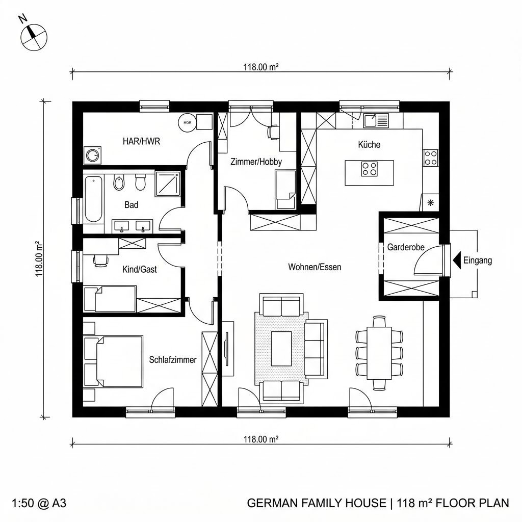 Grundriss Bungalow Flach 118 von Econ Das Haus — 118 m², 4 Zimmer
