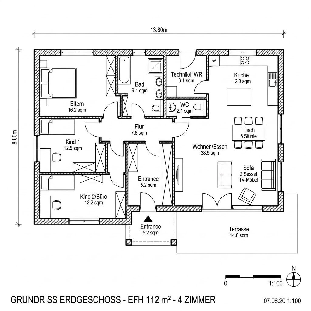 Grundriss Cumulus 880 – 112 m² Bungalow mit 4 Zimmern