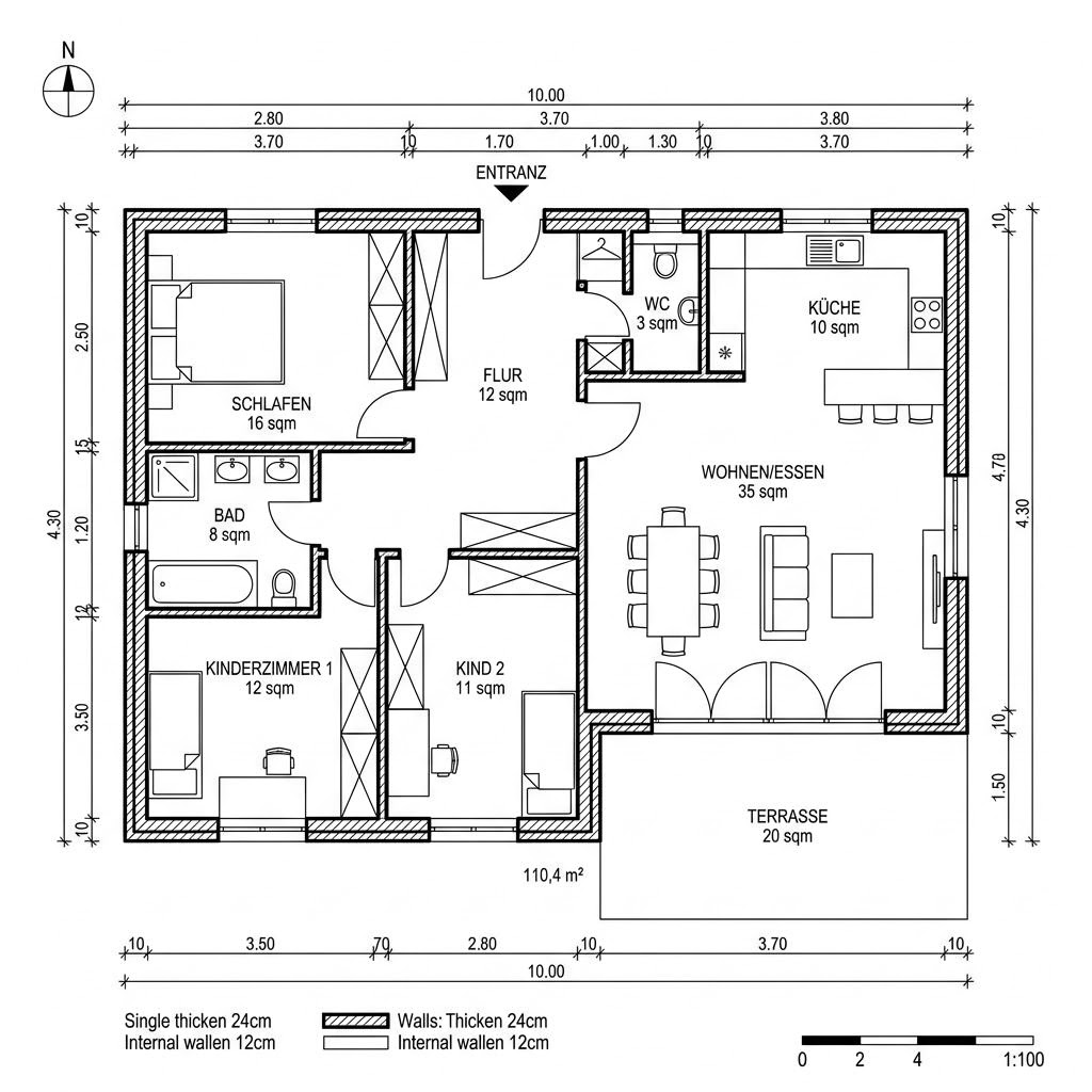 Grundriss Bungalow Trend 110 – 110 m² Bungalow mit 4 Zimmern