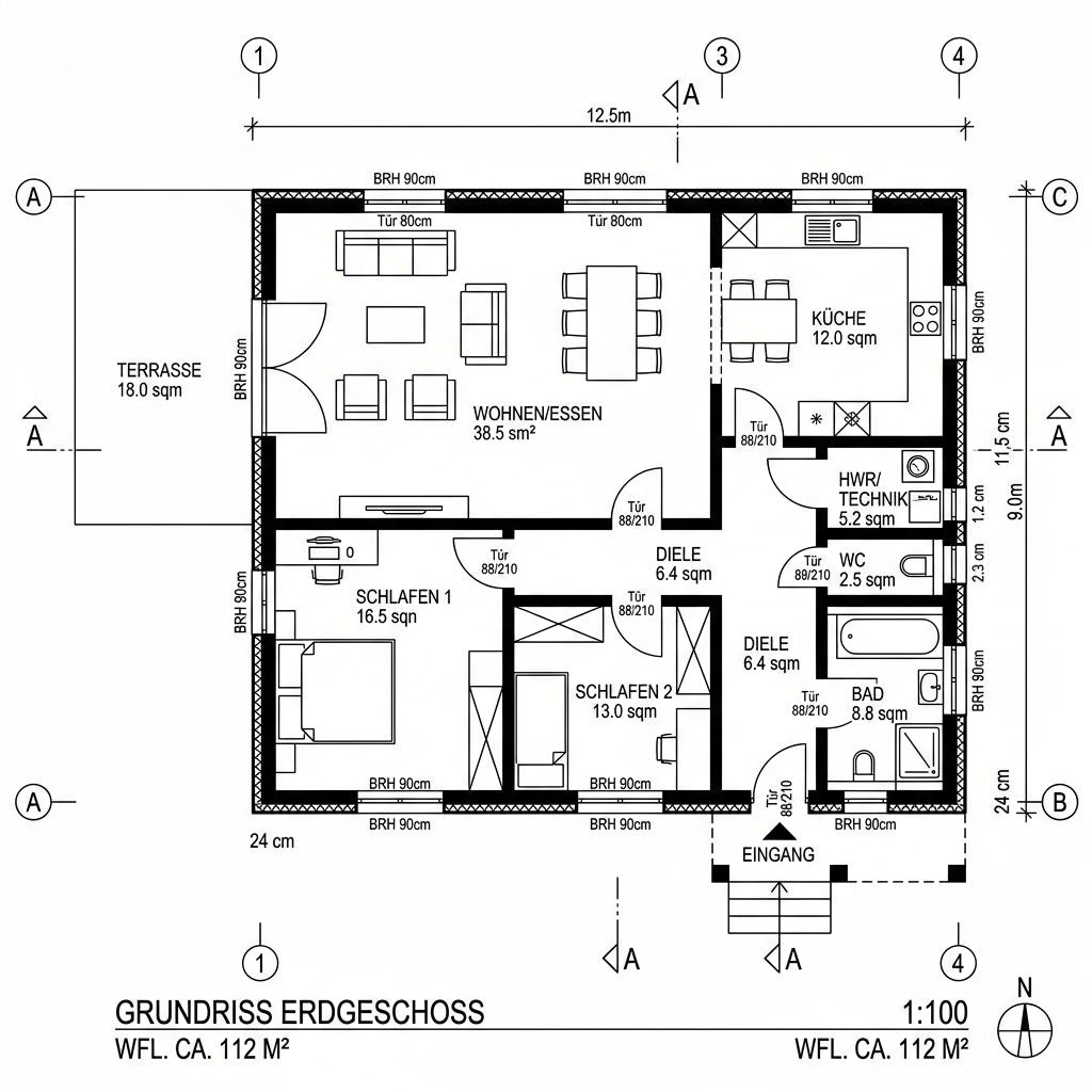 Grundriss Bungalow 112 – 112 m² Bungalow mit 4 Zimmern