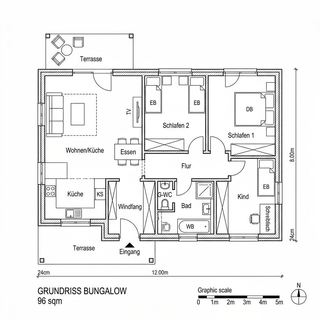 Grundriss Arles 96 – 96 m² Bungalow mit 3 Zimmern