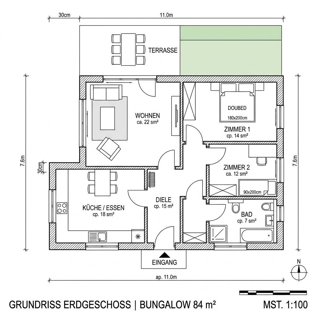 Grundriss Ziegel-Singlehaus 84 – 84 m² Bungalow mit 2 Zimmern