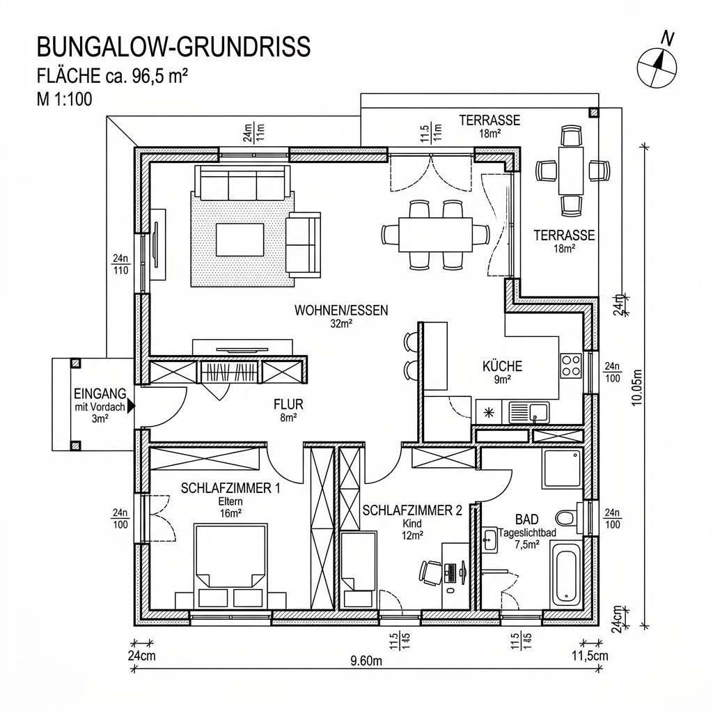 Grundriss Ziegel-Singlehaus 96 – 96 m² Bungalow mit 3 Zimmern