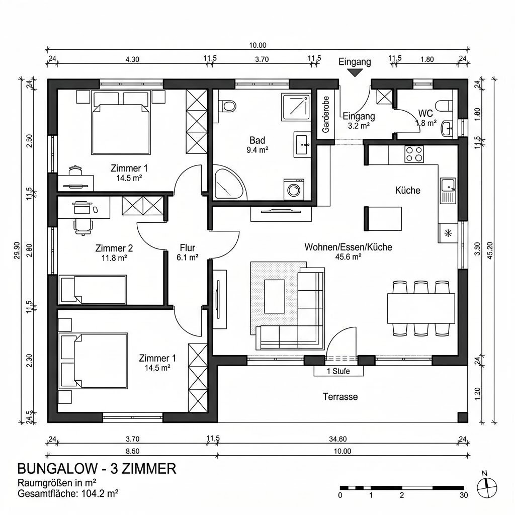 Grundriss Ziegelmassiv-Bungalow 104 – 104 m² Bungalow mit 3 Zimmern