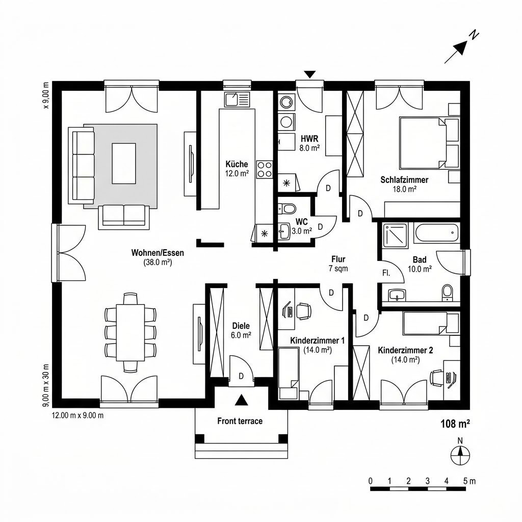 Grundriss Bungalow Mailand 108 – 108 m² Bungalow mit 4 Zimmern