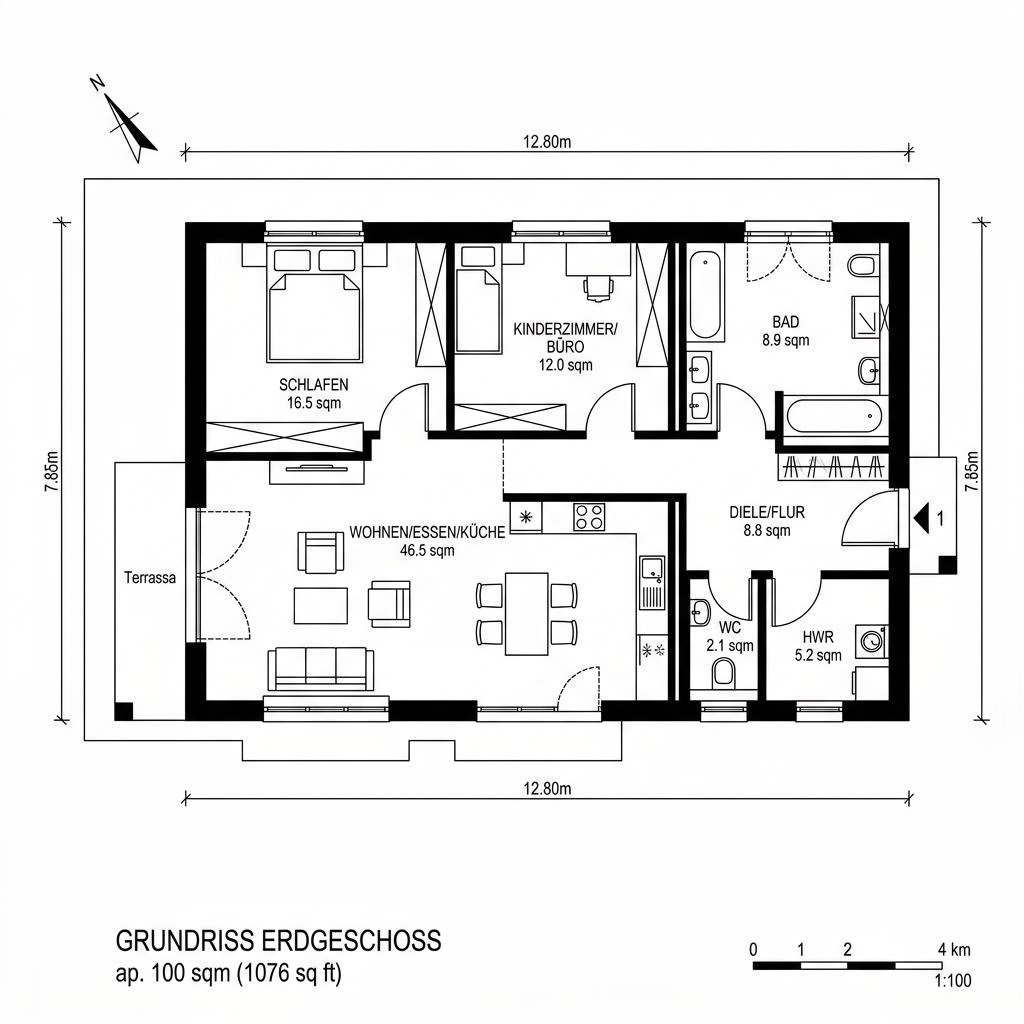 Grundriss Bungalow 100 – 100 m² Bungalow mit 3 Zimmern
