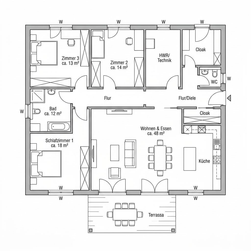 Grundriss Bungalow 128 von Town & Country Haus Deutschland — 128 m², 4 Zimmer