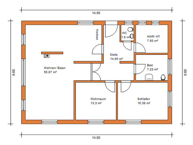 Grundriss Bungalow 328 von WEIOTT-Massiv-Haus — 112 m², 4 Zimmer