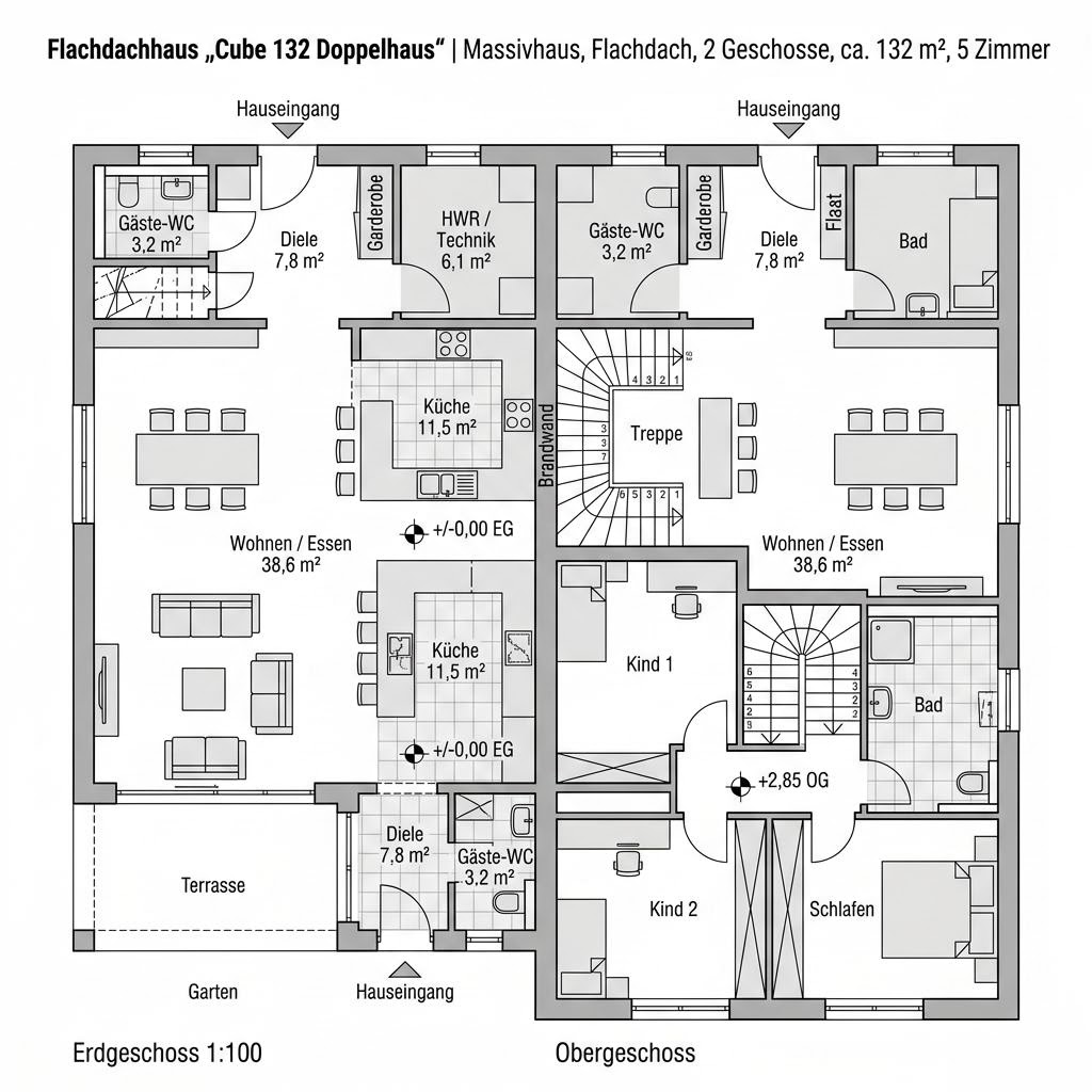 Grundriss Cube 132 Doppelhaus – 132 m² Flachdachhaus mit 5 Zimmern