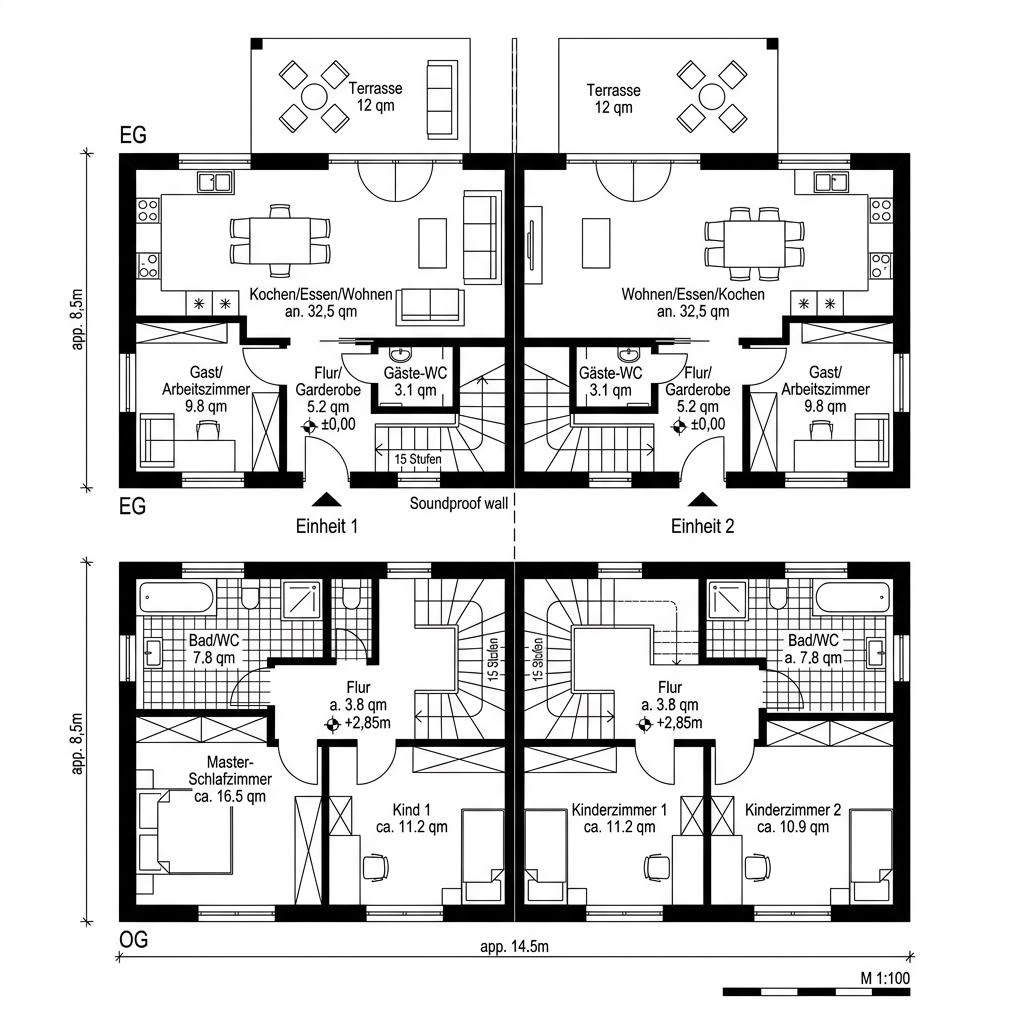 Grundriss Doppelhaus DH 98 Variante B – 98 m² Doppelhaus mit 4 Zimmern