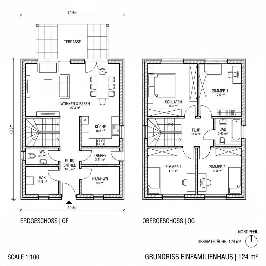 Grundriss Doppelhaus Block 124 von Deutsche Neubau — 124 m², 4 Zimmer