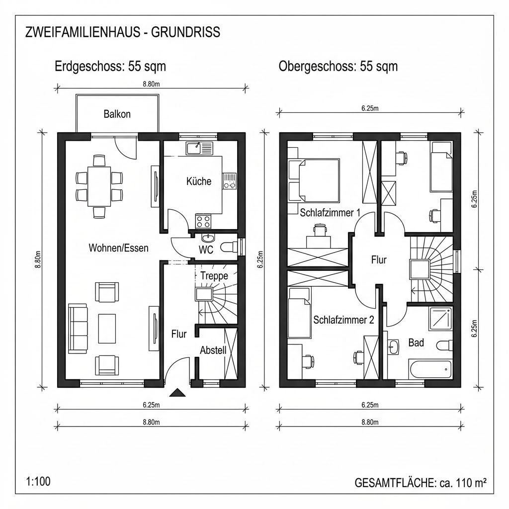 Grundriss Doppelhaus Kompakt 110 – 110 m² Doppelhaus mit 4 Zimmern