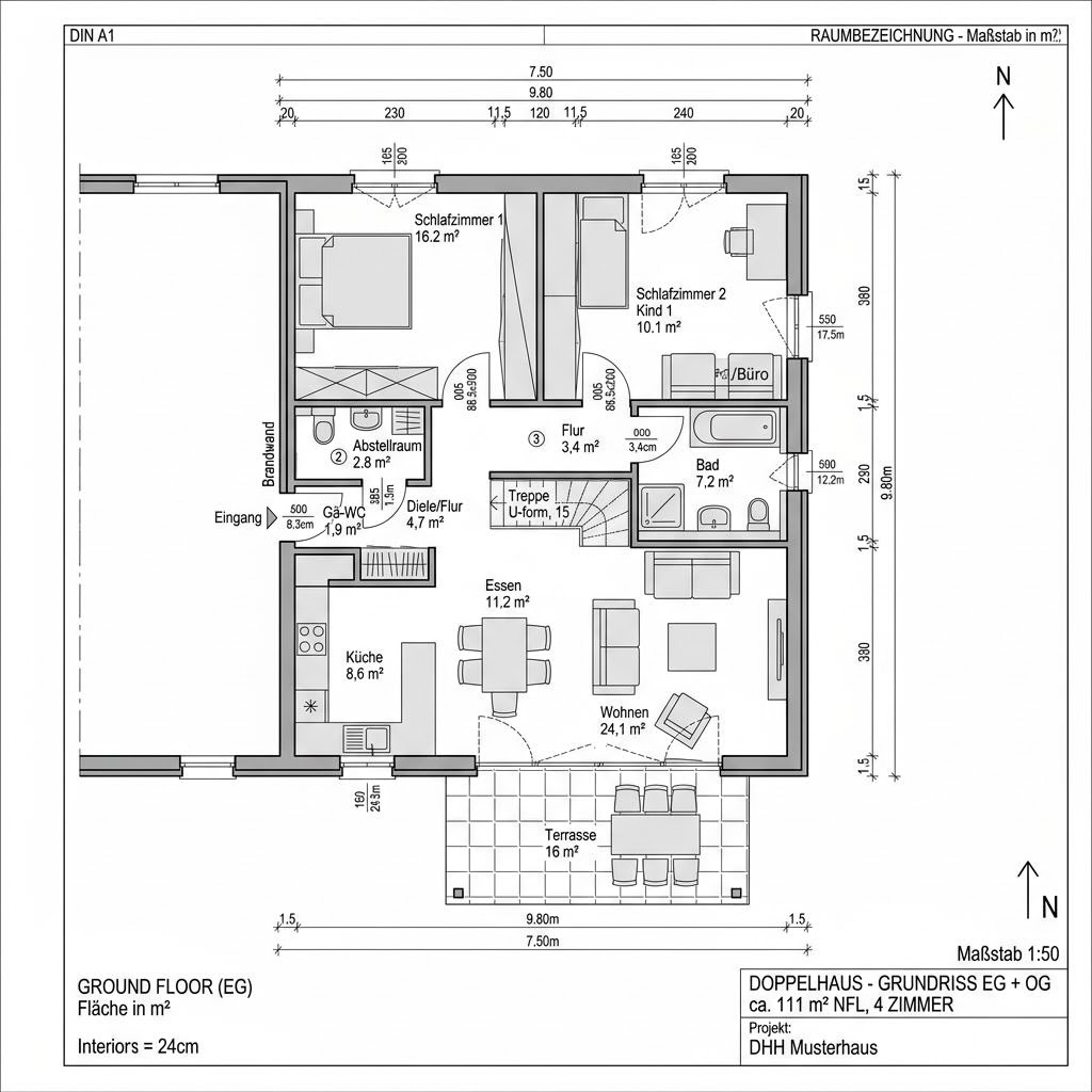 Grundriss Doppelhaus S454 von Heinz von Heiden Massivhäuser — 111 m², 4 Zimmer