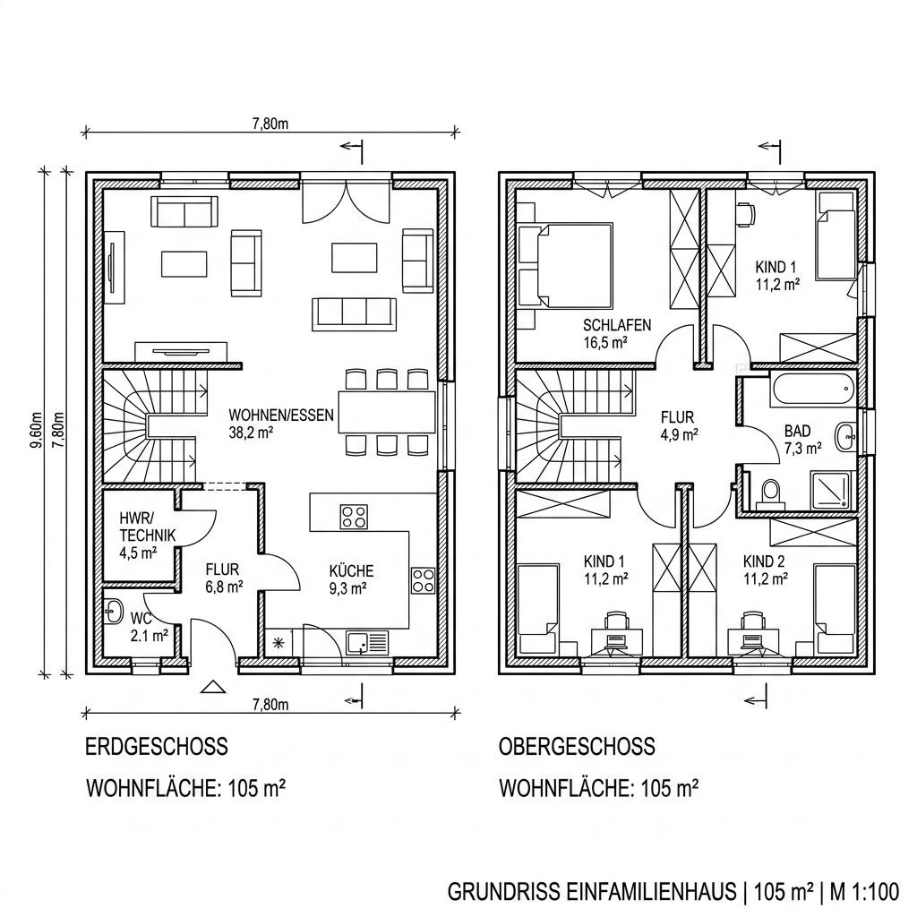 Grundriss Massiv Doppelhaus 105 – 105 m² Doppelhaus mit 4 Zimmern