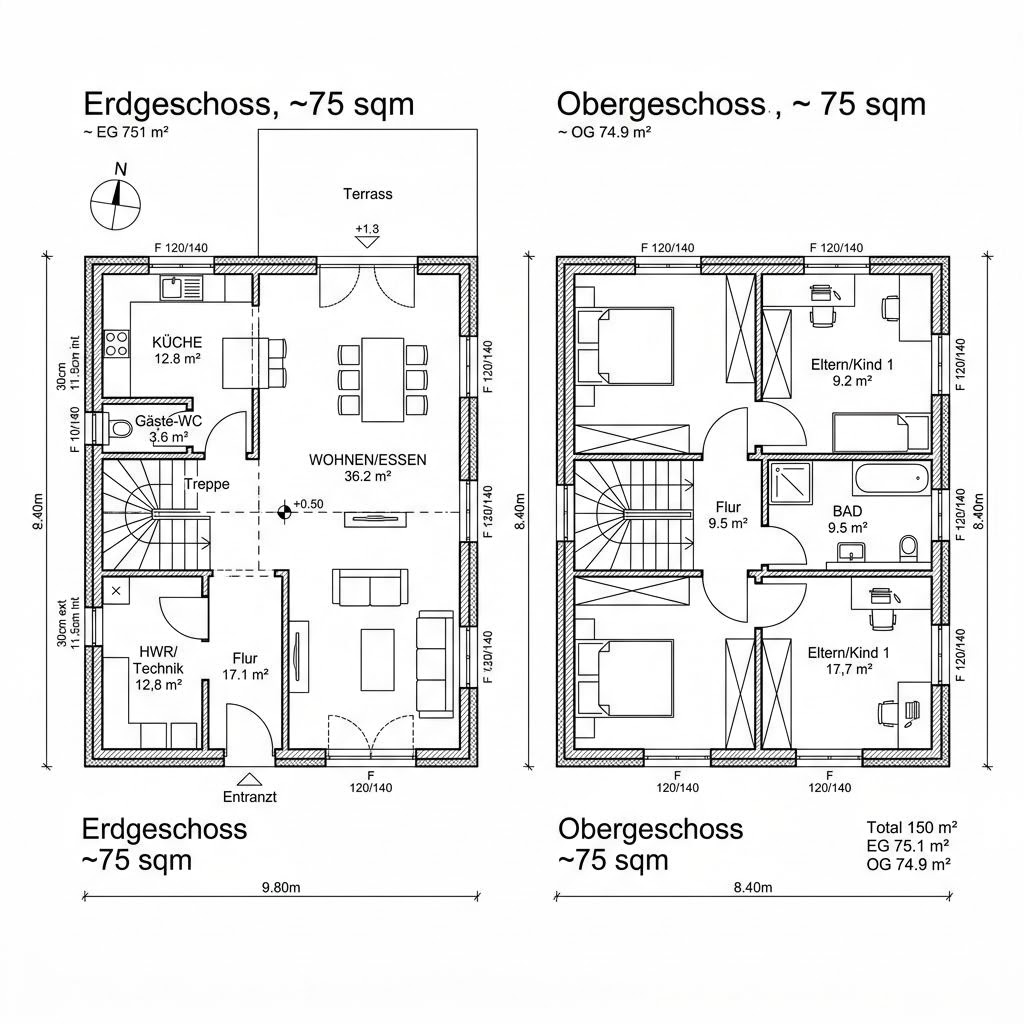 Grundriss Wohnidee-Haus – 150 m² Einfamilienhaus mit 5 Zimmern