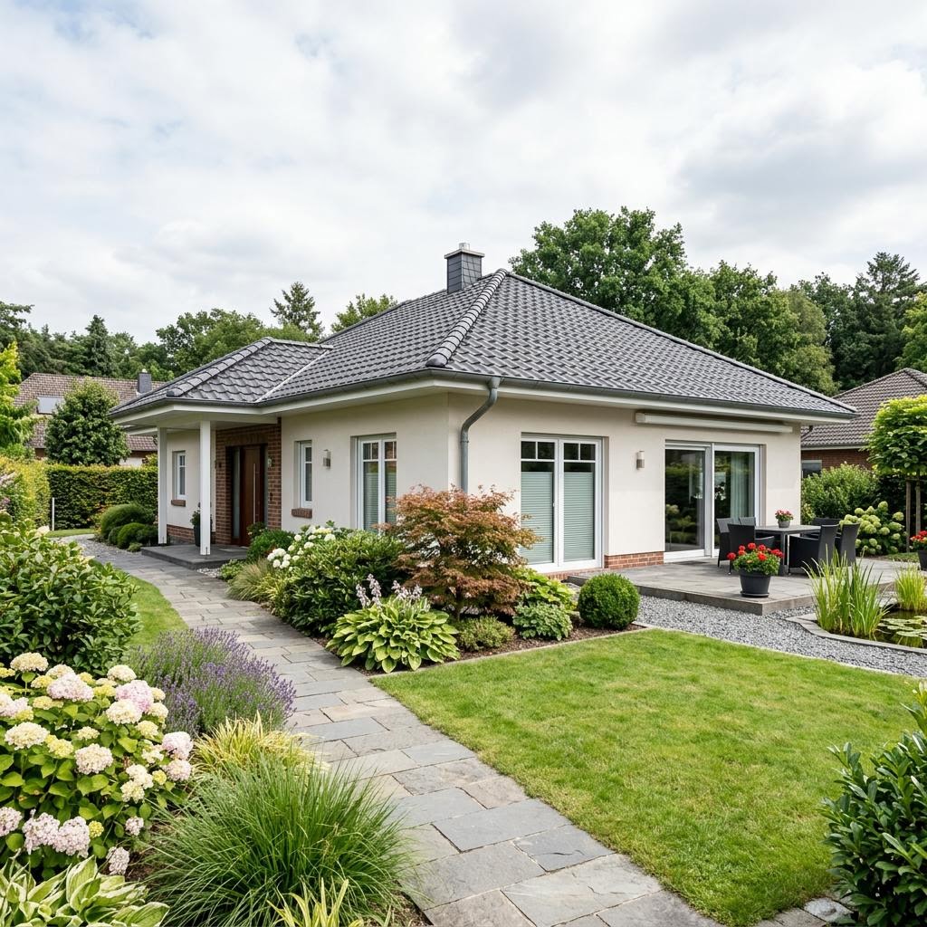 Landhaus-Bungalow 118 von FIBAV Massivhaus mit Krüppelwalmdach — massiver Bungalow im Landhausstil mit 118 m²