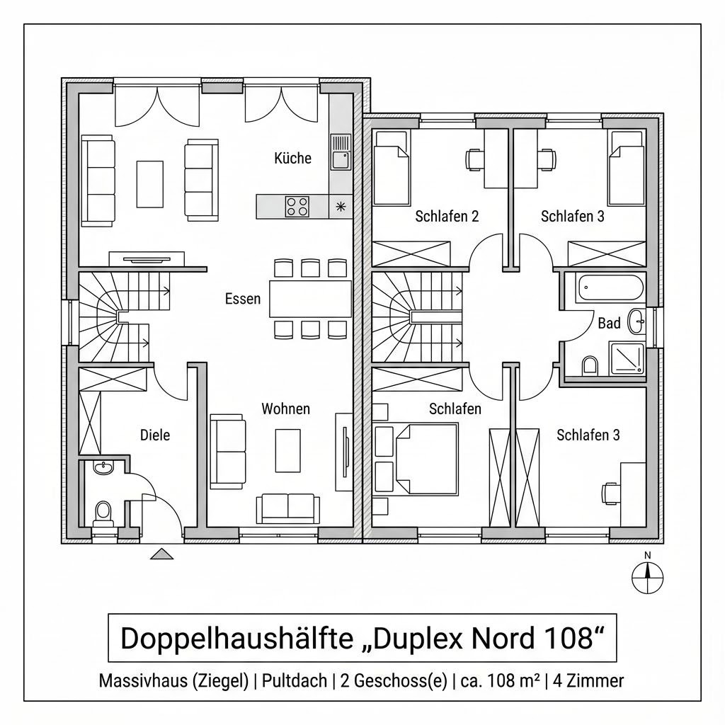 Grundriss Duplex Nord 108 – 108 m² Doppelhaushälfte mit 4 Zimmern