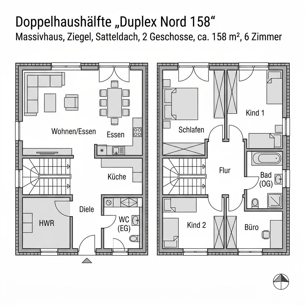 Grundriss Duplex Nord 158 – 158 m² Doppelhaushälfte mit 6 Zimmern