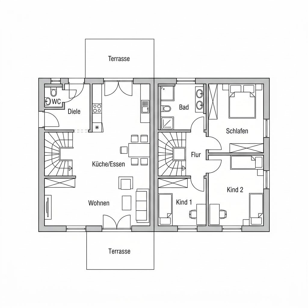 Grundriss Twinos 124 Flach – 124 m² Doppelhaushälfte mit 4 Zimmern