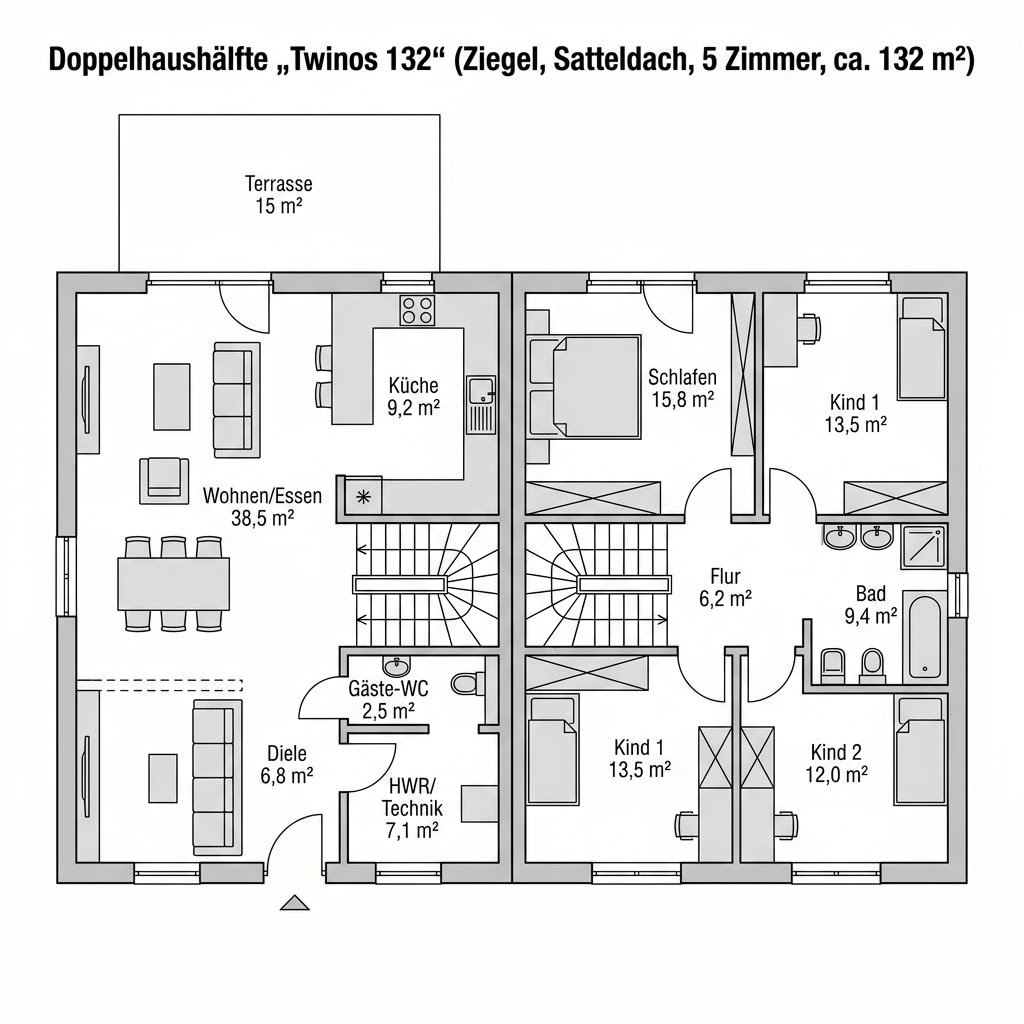 Grundriss Twinos 132 – 132 m² Doppelhaushälfte mit 5 Zimmern