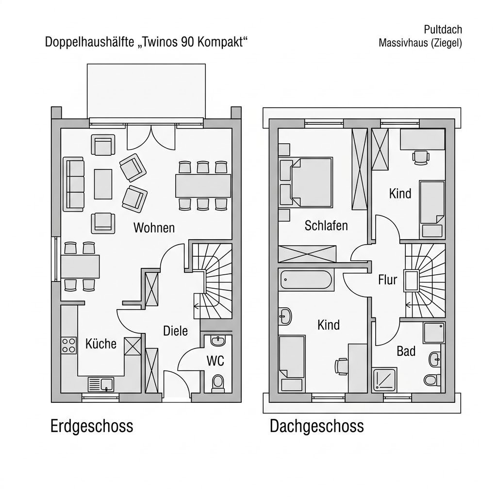 Grundriss Twinos 90 Kompakt – 90 m² Doppelhaushälfte mit 3 Zimmern
