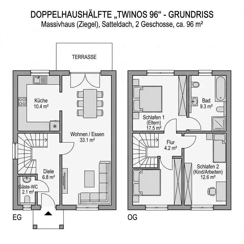 Grundriss Twinos 96 – 96 m² Doppelhaushälfte mit 3 Zimmern