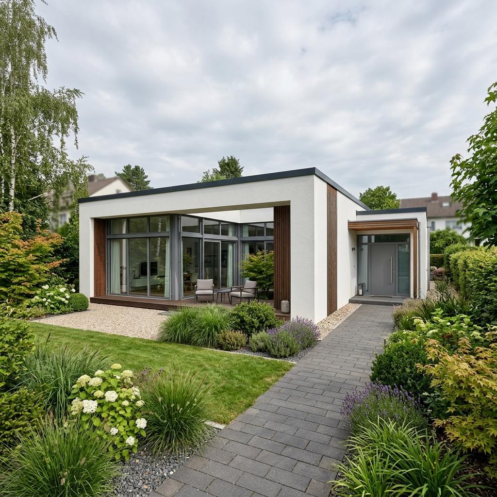 Atrium-Bungalow 146 von HELMA Eigenheimbau mit Flachdach — massiver Bungalow mit Innenhof und 146 m²