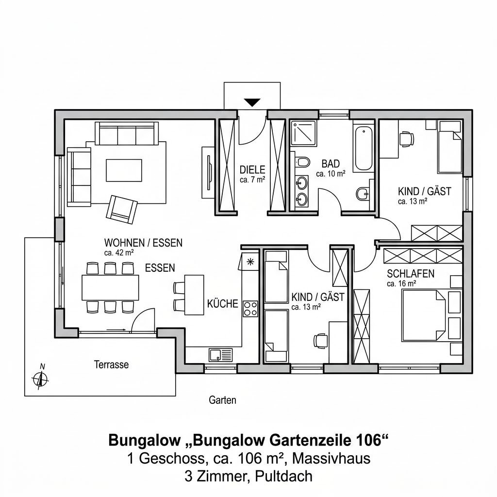 Grundriss Bungalow Gartenzeile 106 – 106 m² Bungalow mit 3 Zimmern