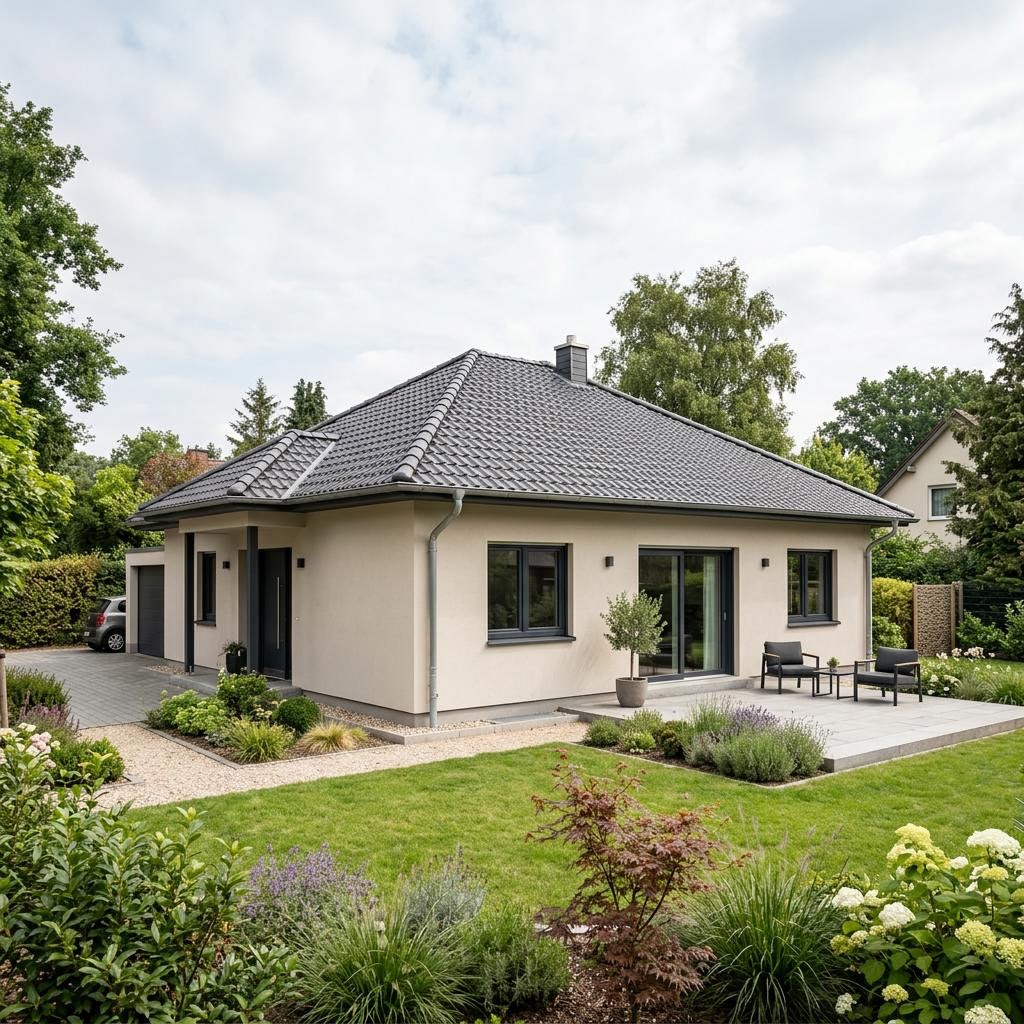 Bungalow Massivklar 122 von HELMA Eigenheimbau mit Walmdach — massiver Familienbungalow mit 122 m²