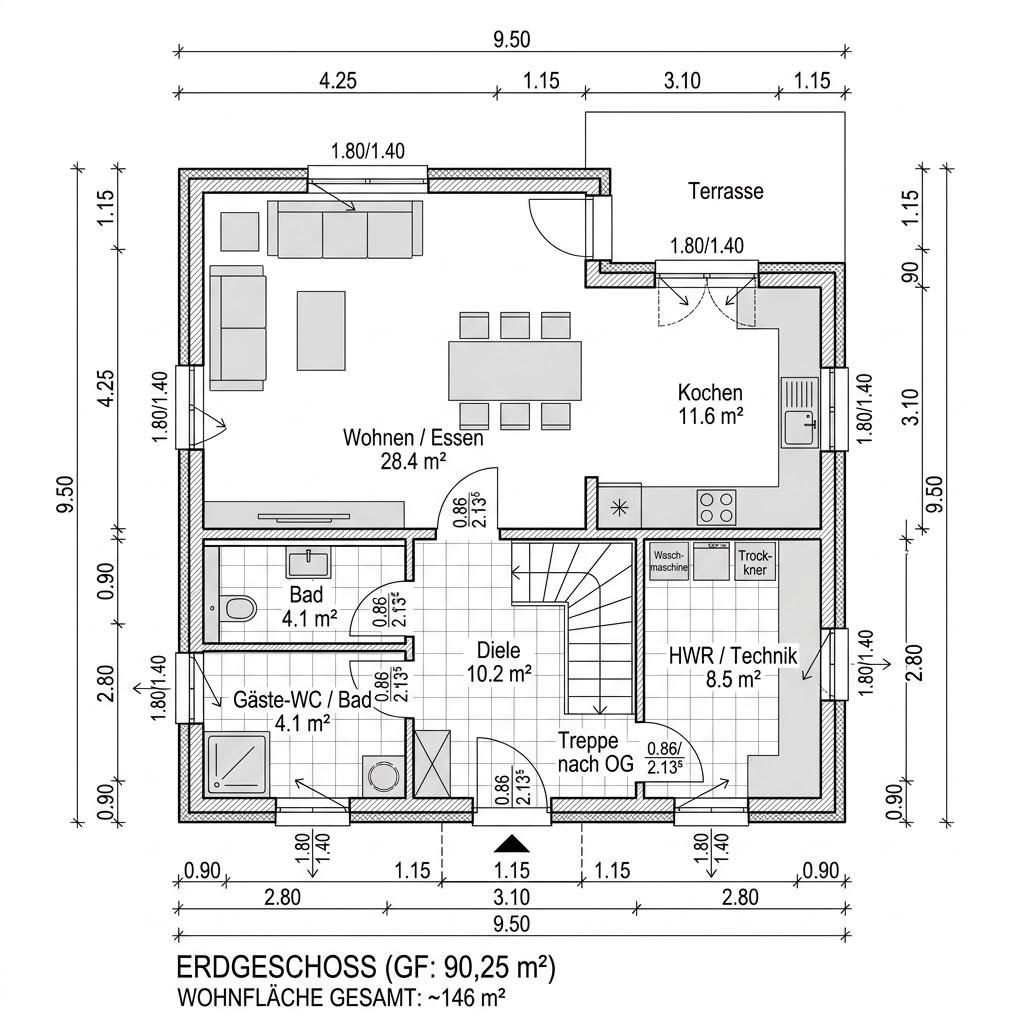 Grundriss Kubushaus Signum 146 – 146 m² Kubushaus mit 4 Zimmern