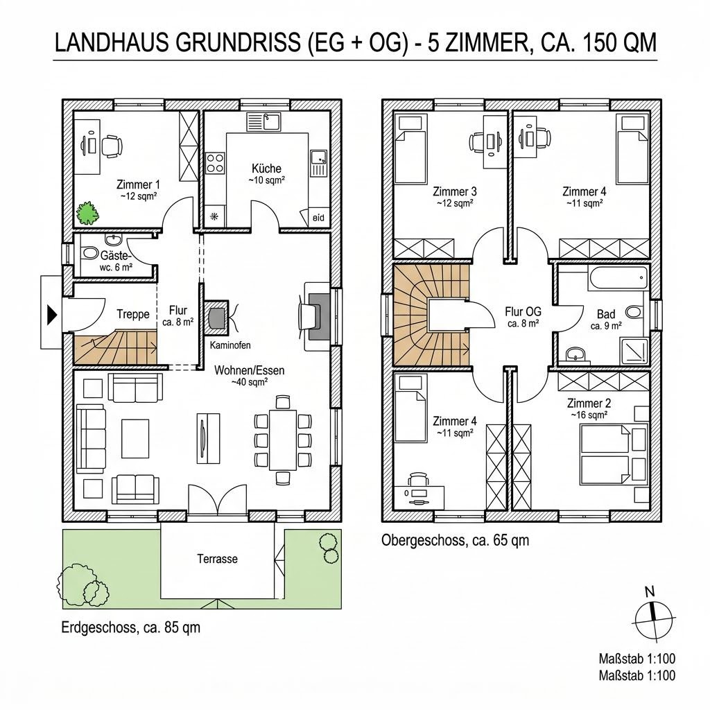 Grundriss Landhaus Familie 150 von Wagener Systemhausbau — 150 m², 5 Zimmer
