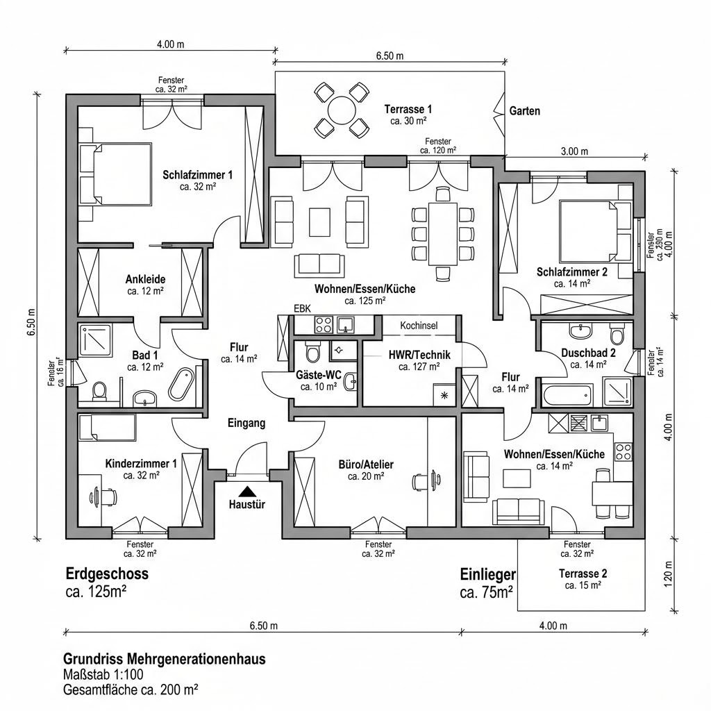 Grundriss Familienhaus Aura mit Einliegerwohnung von Kern-Haus — 200 m², 7 Zimmer