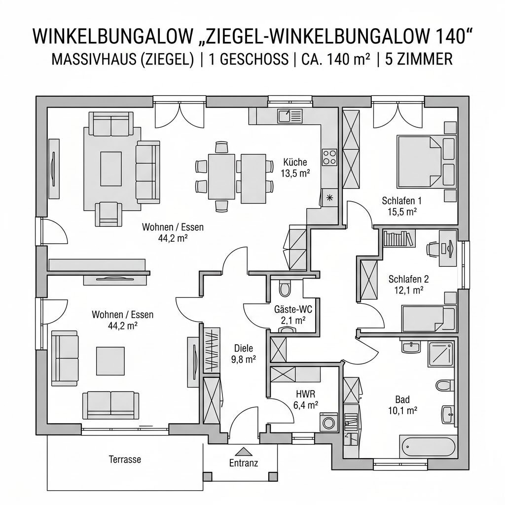 Grundriss Ziegel-Winkelbungalow 140 – 140 m² Winkelbungalow mit 5 Zimmern