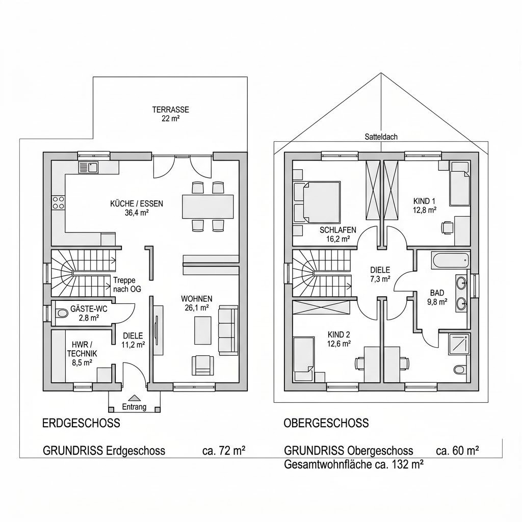 Grundriss Ziegelbausatz ZB 132 – 132 m² Bausatzhaus mit 5 Zimmern