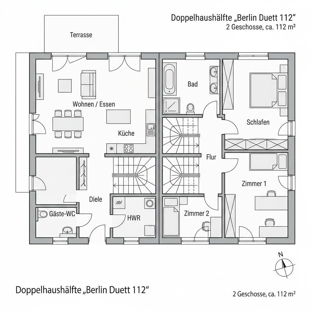 Grundriss Berlin Duett 112 – 112 m² Doppelhaushälfte mit 4 Zimmern