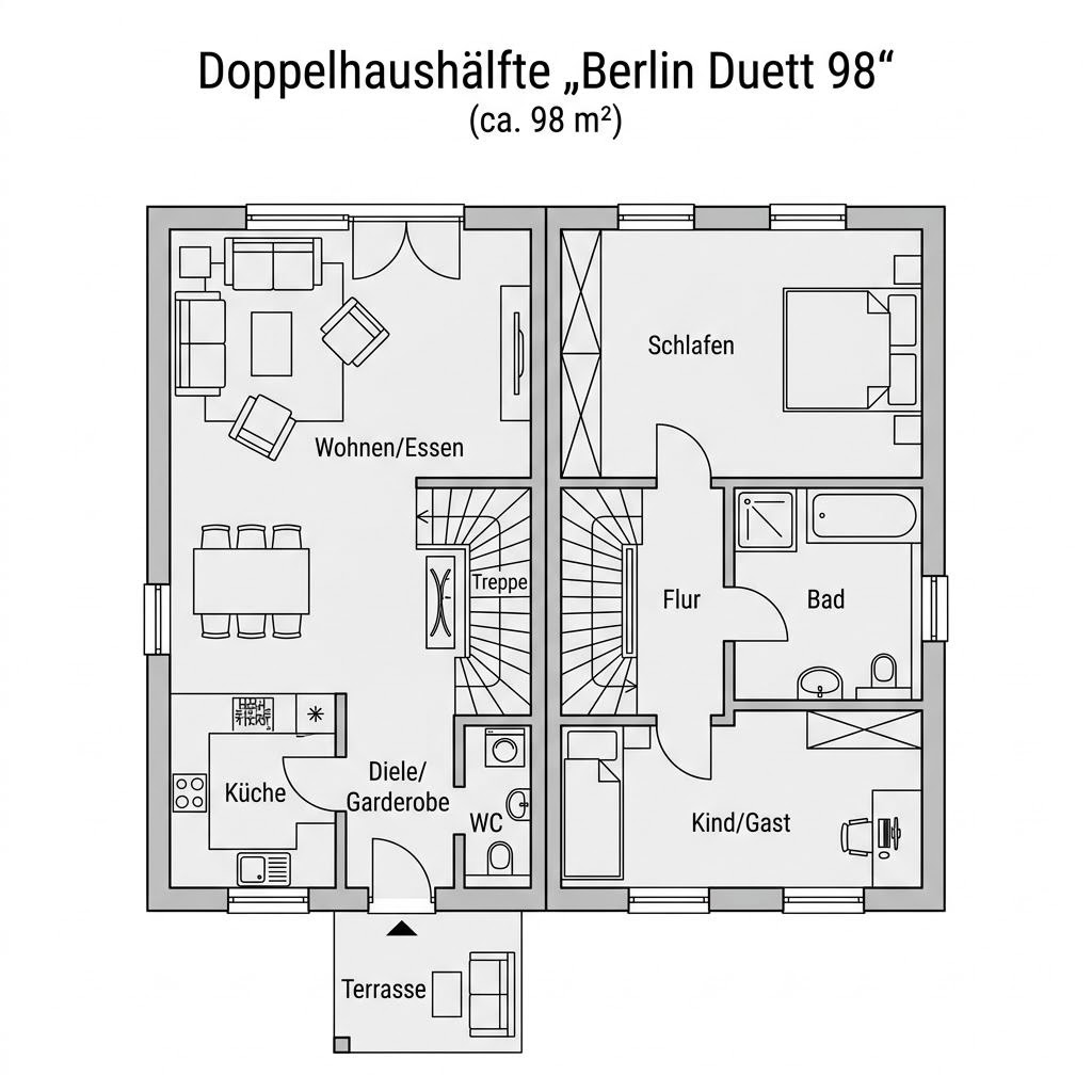 Grundriss Berlin Duett 98 – 98 m² Doppelhaushälfte mit 3 Zimmern