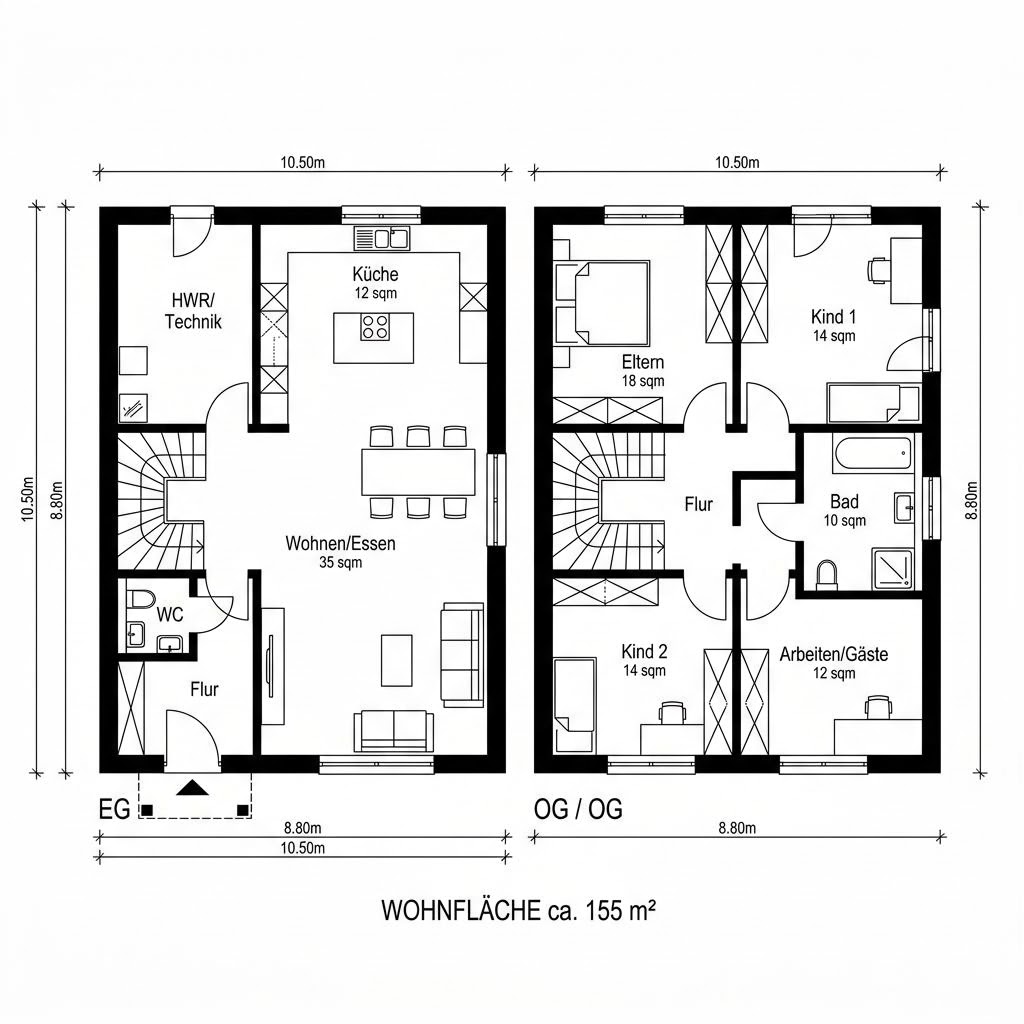 Grundriss Stadtvilla Block 155 – 155 m² Stadtvilla mit 5 Zimmern