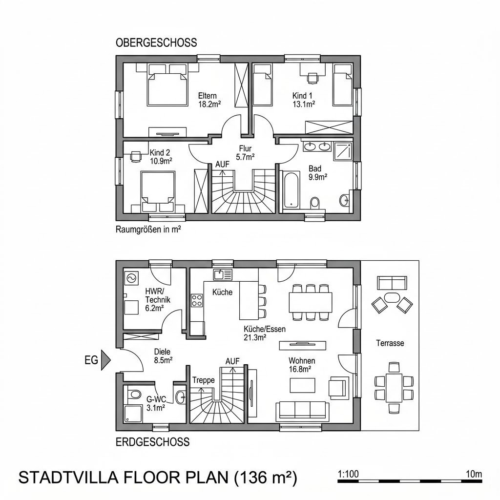 Grundriss Stadtvilla Suhl – 136 m² Stadtvilla mit 5 Zimmern