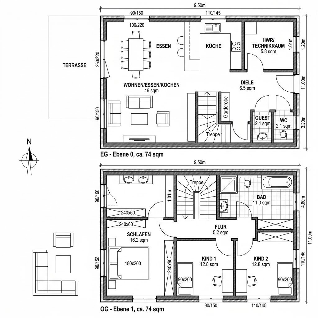 Grundriss Stadtvilla Zelt 148 von FIBAV Massivhaus — 148 m², 5 Zimmer