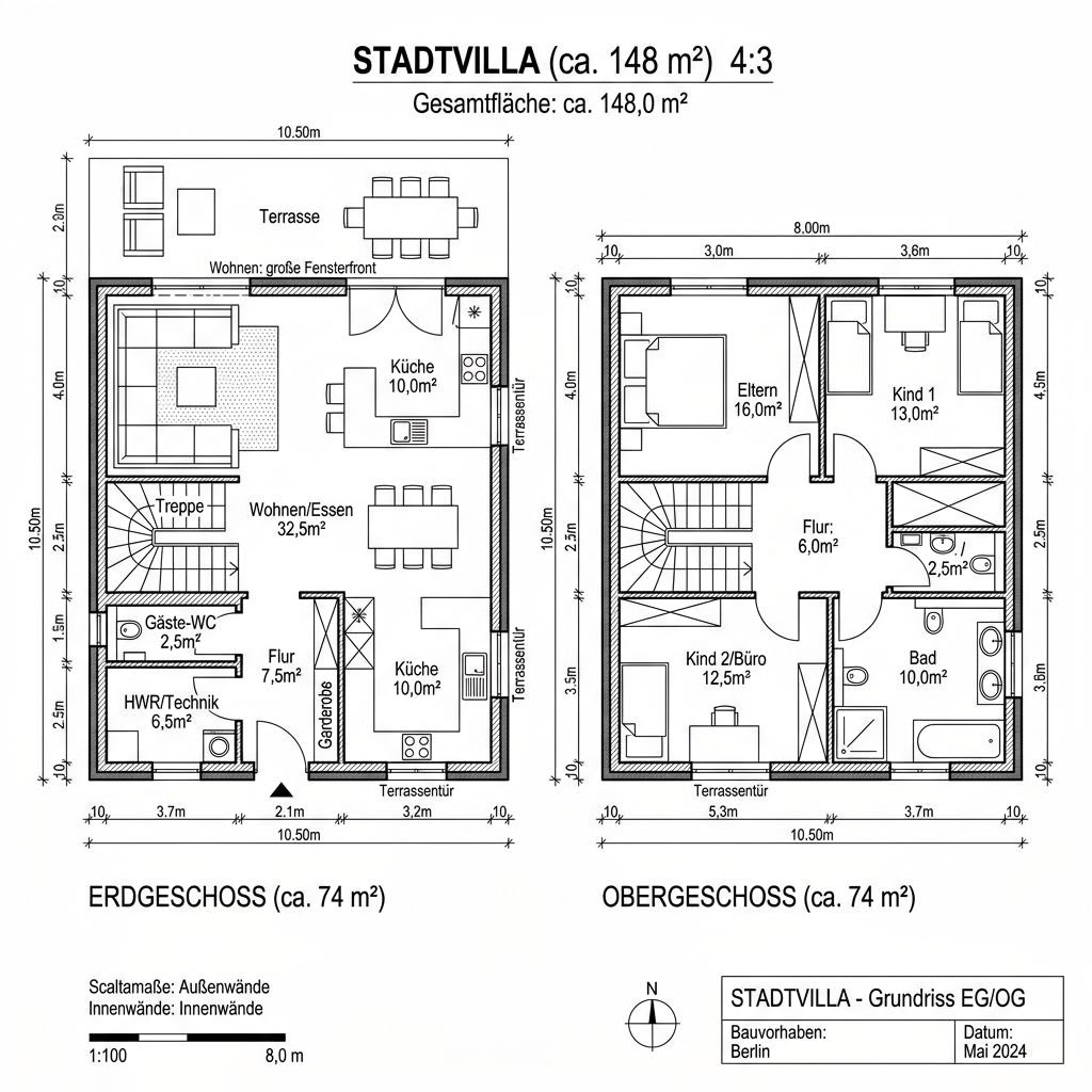 Grundriss Stadtvilla 148 – 148 m² Stadtvilla mit 5 Zimmern
