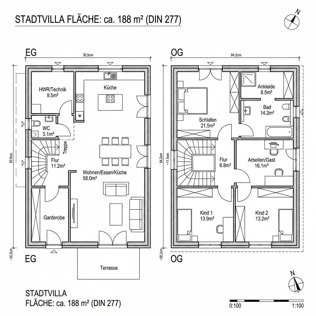 Grundriss Stadtvilla 188 – 188 m² Stadtvilla mit 6 Zimmern